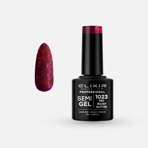 Elixir Make Up Semigel Color Coat Soak Off 1023 Red Velvet Glitter 8ml