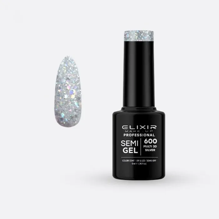 Elixir Make Up Semigel Color Coat Soak Off 600 Multi 3D Silver 5ml