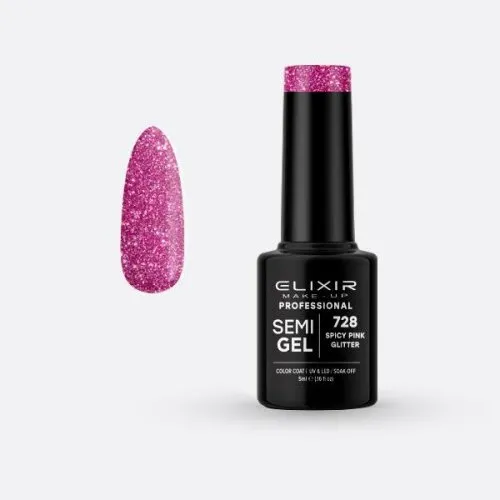 Elixir Make Up Semigel Color Coat Soak Off 728 Spicy Pink Glitter 5ml