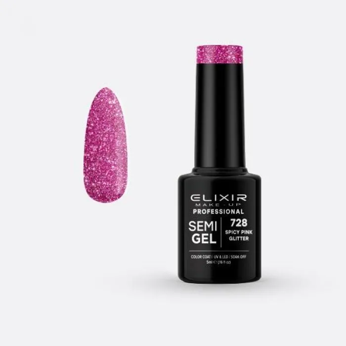 Elixir Make Up Semigel Color Coat Soak Off 728 Spicy Pink Glitter 5ml