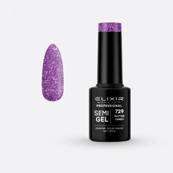 Elixir Make Up Semigel Color Coat Soak Off 729 Glitter Candy 5ml