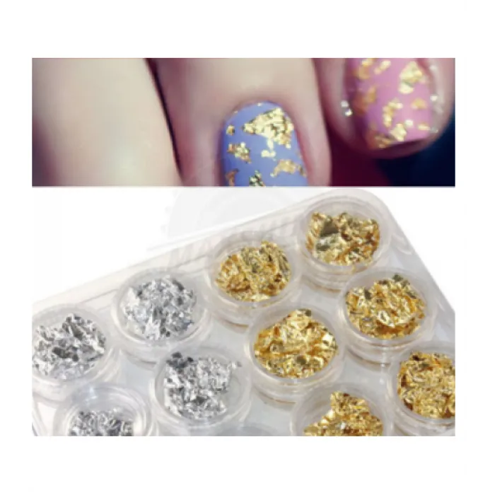 Αλουμινόφυλλα Foil για Νύχια Χρυσό και Ασημί Σετ 12 βαζάκια