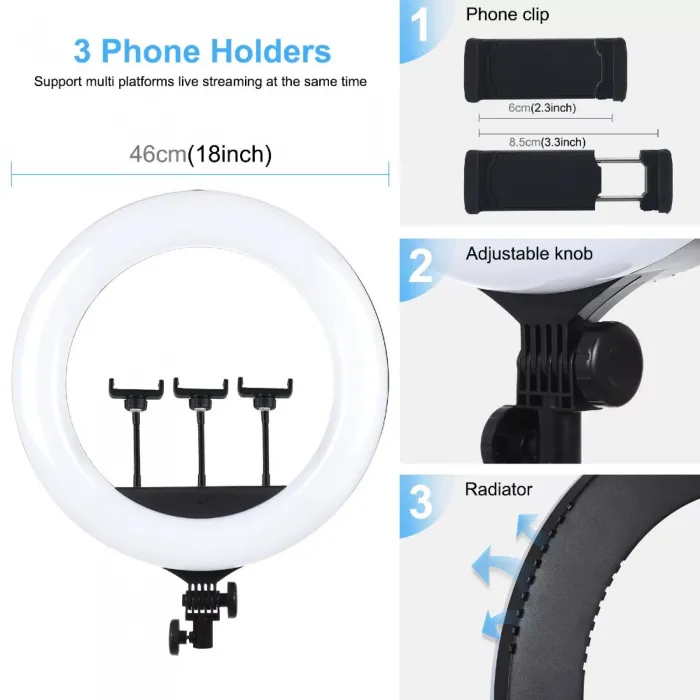 Ring Light 18'' Με 3 Βάσεις Κινητού Και Τρίποδο