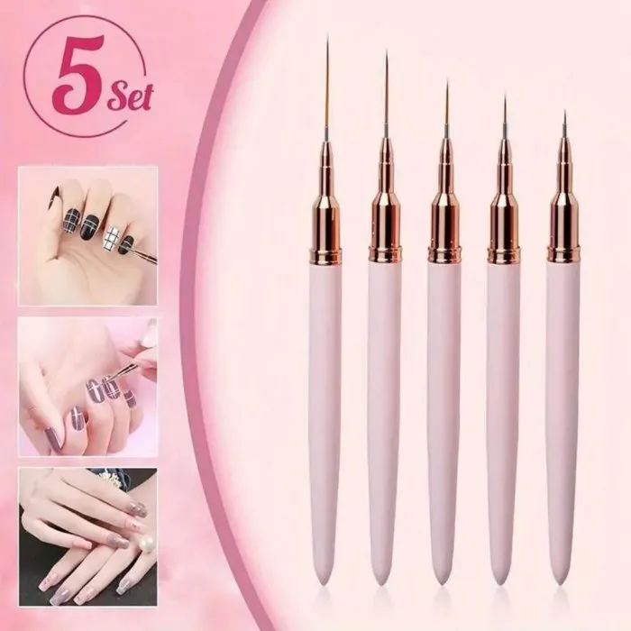 Σετ 5 Πινέλα Nail Art Liner Με Καπάκι Ροζ