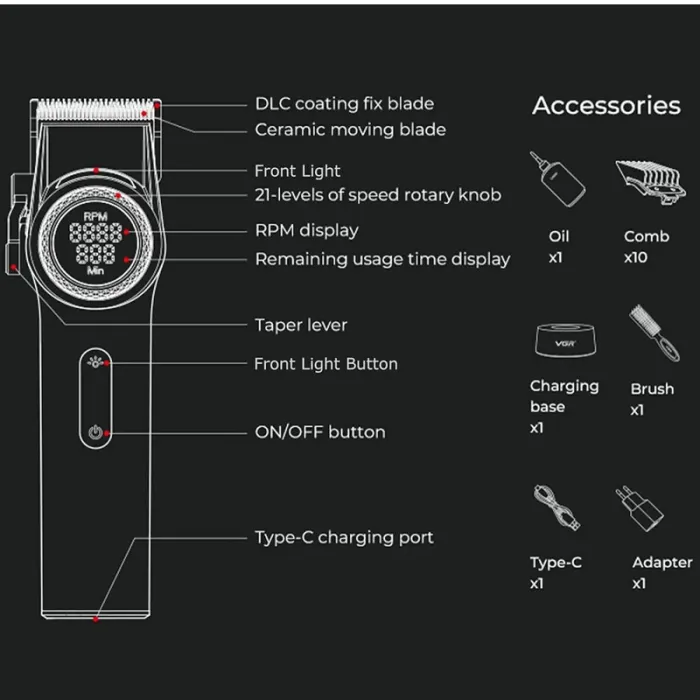 Επαγγελματική Επαναφορτιζόμενη Κουρευτική Μηχανή VGR V-001