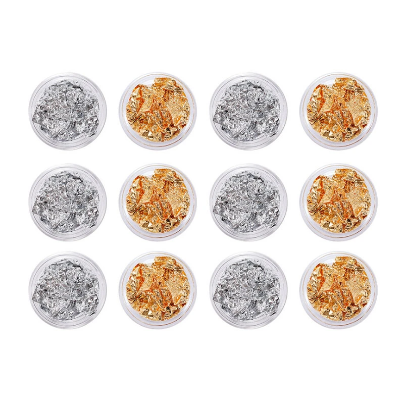 Αλουμινόφυλλα Foil για Νύχια Χρυσό και Ασημί Σετ 12 βαζάκια